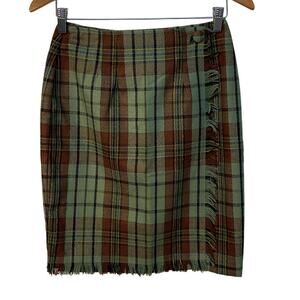 Forenza Women’s Plaid Knee Length Wrap Skirt with‎ Fringe Brown Green Plaid Sz 6